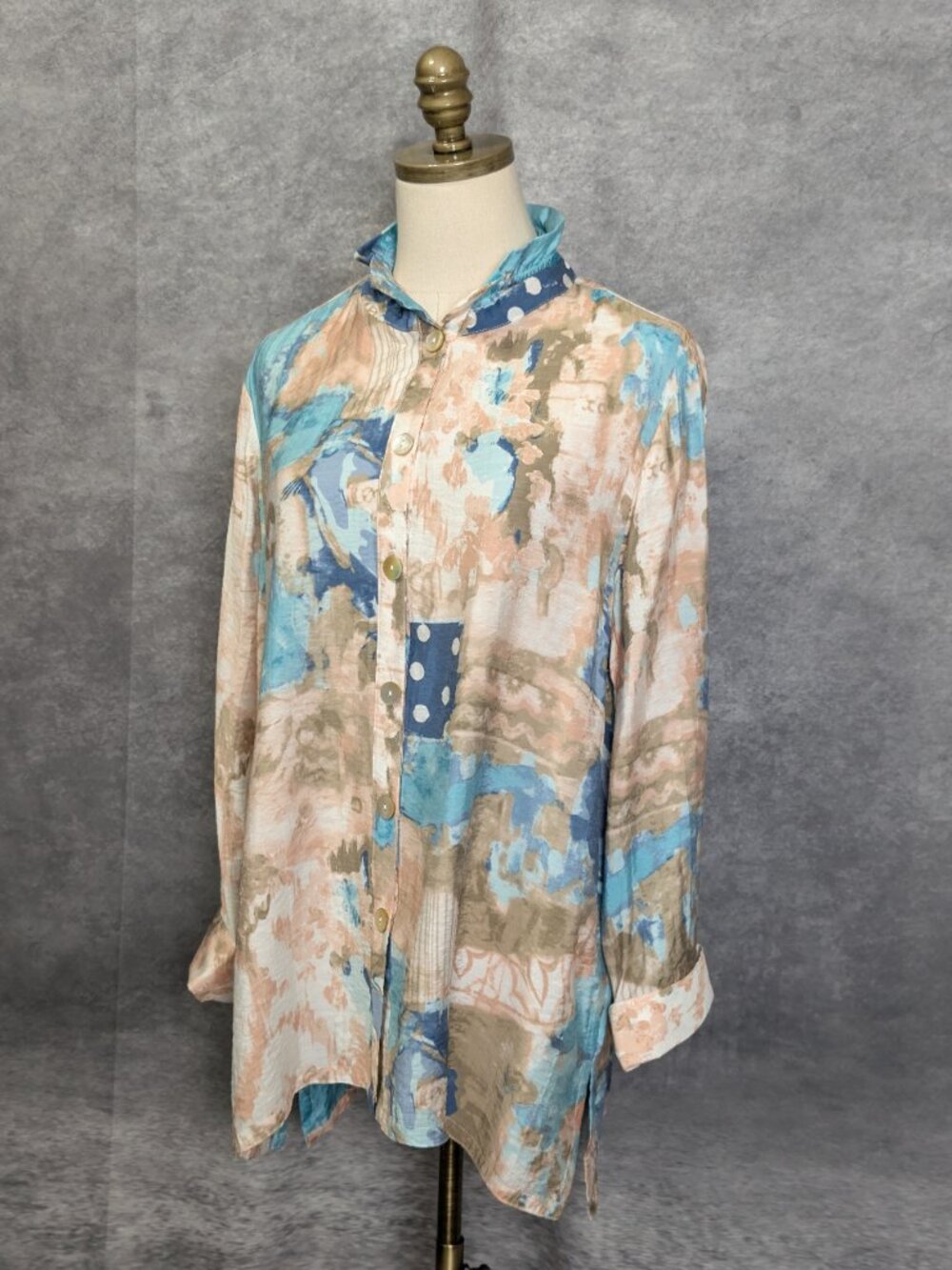 Multiples Wired Collar Tunic Size L Blue Abstract Button Front Shirt Artsy - Picture 3 of 7